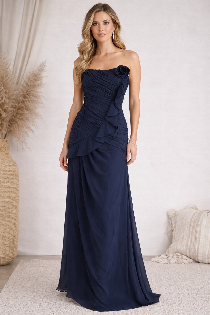 Andrew Adela Formal Evening Dress Womens Size 12/14 Chiffon Rosette Navy Blue